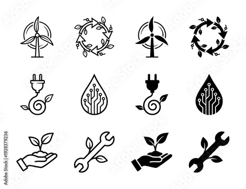 Collection of hybrid green energy and sustainable technology icons merging industrial tools with organic leaves wind turbine and circuit water drop