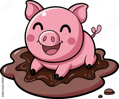 cute vector pig in mud puddle illustration, happy pink pig rolling in brown mud splash, floppy ears, curly tail sticking out, big smile with mud spots on face, flat kawaii style, black thin outline, w