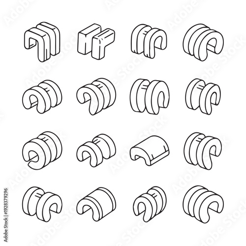 Set of 16 isometric line drawings of C-shaped clips and fasteners on white background
