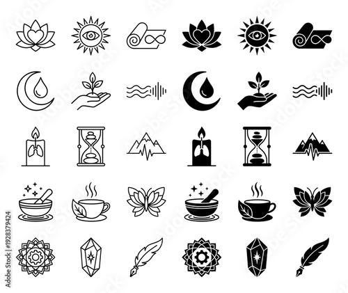 Mindfulness and holistic wellness icon set featuring hybrid symbols like lotus heart sun eye candle lung and mountain heartbeat in outline and solid style
