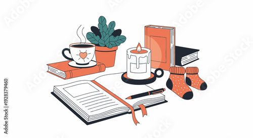 Cozy illustration with coffee books candle and plant reading concept