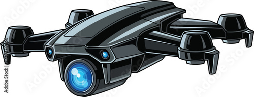 Modern black drone with advanced camera and landing gear for aerial photography