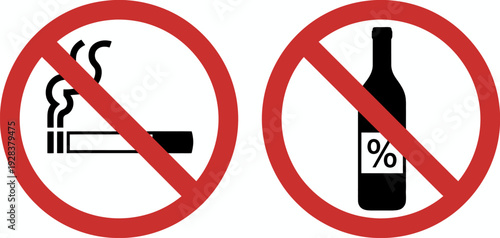 no smoking and no alcohol signs prohibition symbols, health safety warnings isolated graphic vector set for public places, red circle restriction icons, clean lifestyle awareness campaign design templ