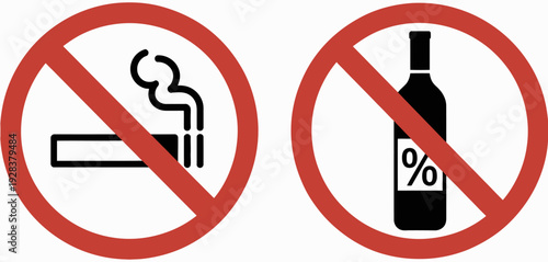 no smoking and no alcohol signs prohibition symbols, health safety warnings isolated graphic vector set for public places, red circle restriction icons, clean lifestyle awareness campaign design templ