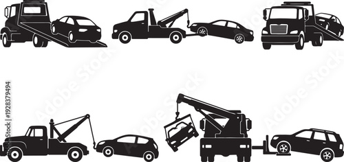 Collection of black silhouette tow trucks and cars in various towing scenarios also transparent background