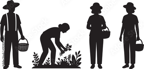 Four black silhouette figures in various poses with baskets and plants on a white background also transparent background