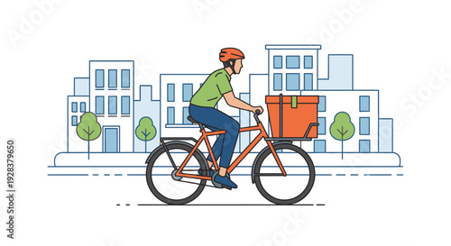 Delivery cyclist riding bicycle through city illustration with copy space