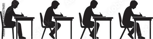 Four black silhouette figures of students sitting at desks writing with pens also transparent background