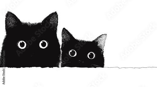 Illustration of two curious felines with large eyes peeking from below a line in black and white