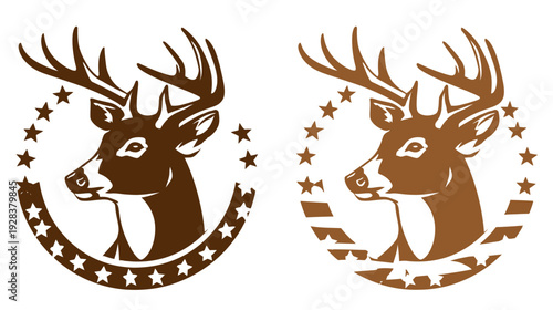 Two side-profile deer head silhouettes with antlers, surrounded by stars in a circular design