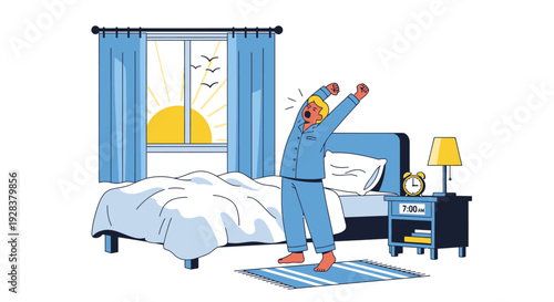 Man stretching in pajamas near bed at sunrise vector illustration