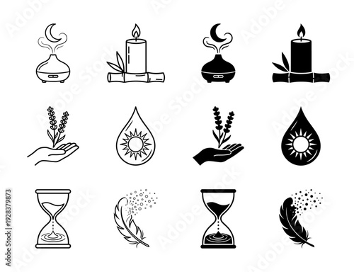 Minimalist Wellness Icon Set Featuring Hybrid Symbols of Aromatherapy Diffusers with Moon Mist Candles and Hourglass with Water Droplets