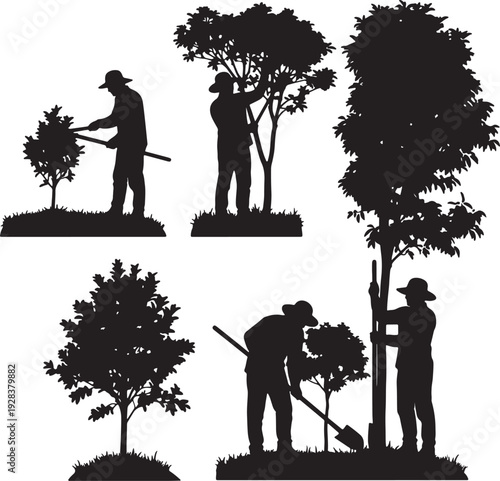 Silhouettes of people gardening and tending to trees on grassy mounds also transparent background planting