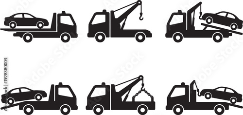 Six black silhouette of tow trucks with cars in various towing positions also transparent background