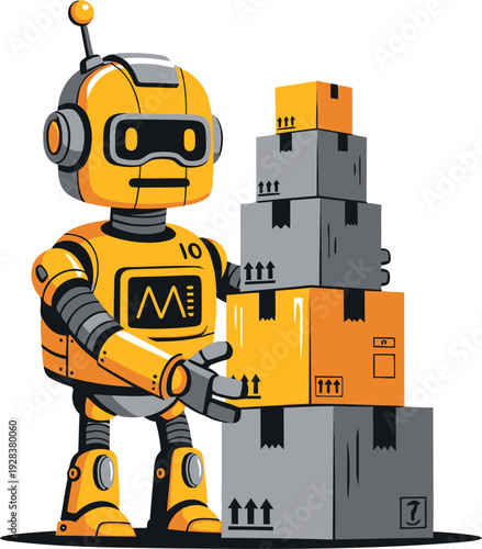 A cheerful robot character stacking colorful blocks with enthusiasm and determination.