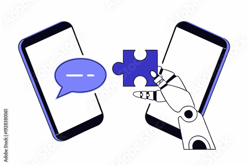Artificial intelligence agent definition concept with chat bubble and robotic arm holding puzzle piece between mobile phone vector illustration