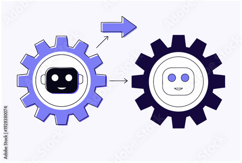 Ai agent representation as a robot face in gears, showing process and flow. Ai technology, machine learning. Vector illustration for web, app design
