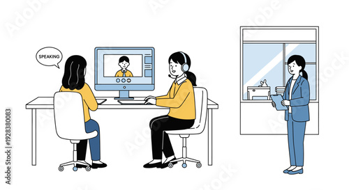 People video conferencing in office setting with computer and window view