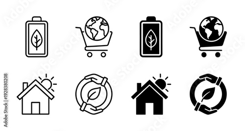 Sustainable lifestyle icon set featuring hybrid designs of green energy battery leaf shopping cart globe solar powered house and eco protection hands