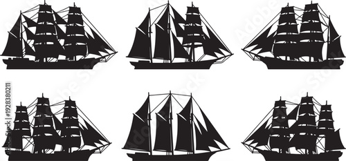 Six black silhouette sailing ships with full sails on a white background also transparent background