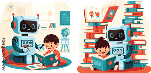 Children learning with friendly robot assistants in a modern library setting