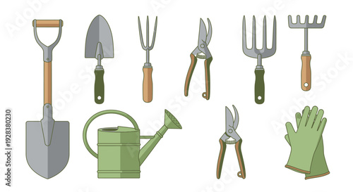 Garden tools collection shovel rake pruners watering can gardening gloves