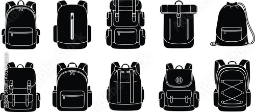 Black Backpack Silhouette Vector Set Featuring School Bags, Travel Rucksacks, Hiking Packs, and Drawstring Bags Isolated on White Background for Design.