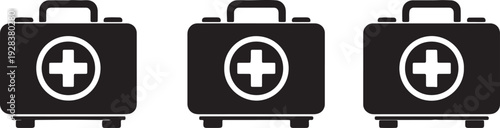 Three black first aid kits with white cross symbols arranged horizontally on a white background also transparent background