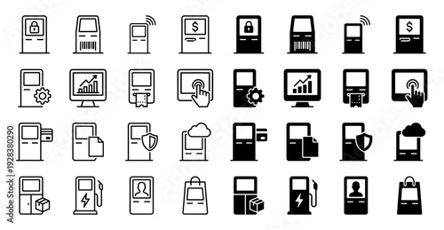 Set of hybrid self service kiosk icons featuring integrated symbols for retail payment security logistics and digital automation in outline and glyph styles