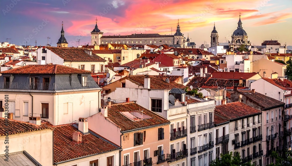 Obraz premium Madrids Skyline at Sunset - A Captivating Urban Panorama.