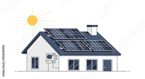 Solar panels on residential roof with sunny sky illustration for energy efficiency
