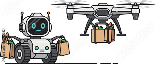 Futuristic delivery robot and drone working together for package transport