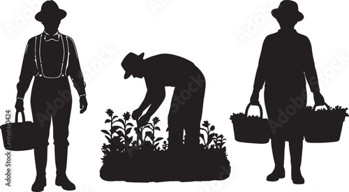 Three black silhouette figures in vintage attire with baskets and gardening scene also transparent background