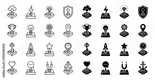 Hybrid isometric game controller icons featuring creative symbol fusions like cloud lightning gem shield trophy lightbulb gear and rocket ship metaphors