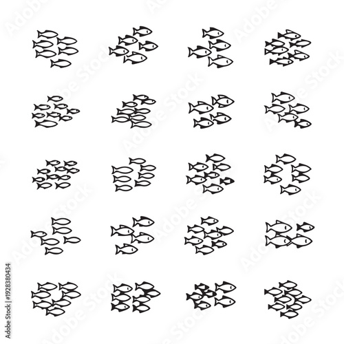 School of Fish Icons Collection Diverse Swarm Formations Marine Life Graphics