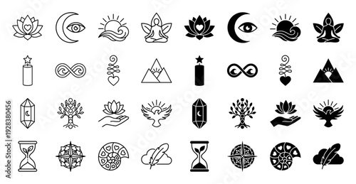 Mindfulness and Spiritual Growth Icon Collection Featuring Hybrid Symbols of Nature Zen Meditation and Celestial Elements in Outline and Solid Styles