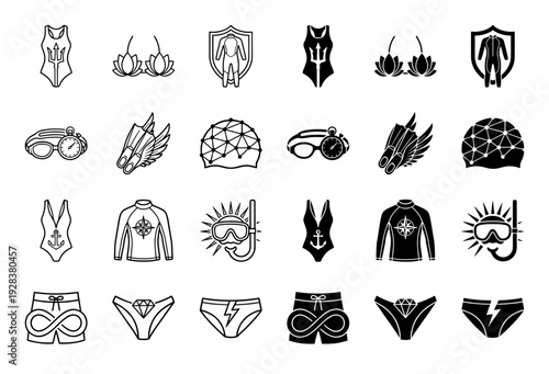 Hybrid aquatic apparel and swimming equipment icons featuring mythological symbols merged with professional swimwear in outline and solid styles
