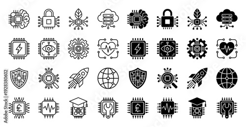 Collection of hybrid digital technology icons featuring integrated circuit processor cores merged with organic brain shapes cloud data servers and cyber security elements
