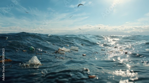 Polluted sea surface with plastic waste: bags, debris and calm waves