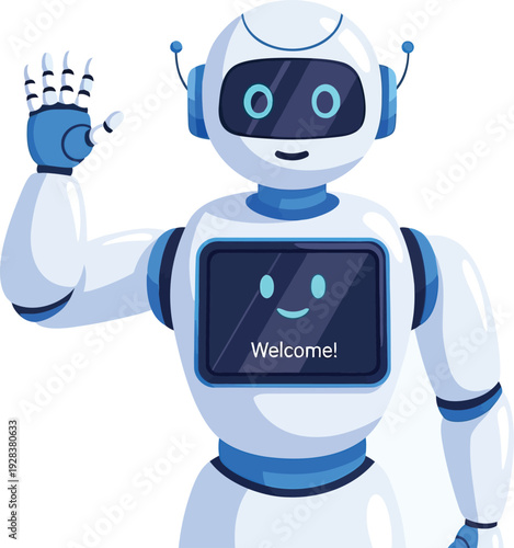 Friendly humanoid robot waving with a cheerful and futuristic design.