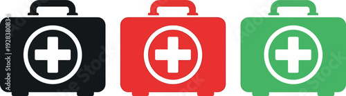 Three first aid kits in black red and green with white cross symbols also transparent background medical kit