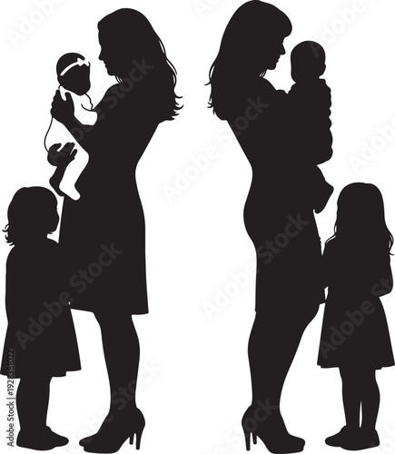 Two mothers holding babies with young daughters standing beside them black silhouettes also transparent background