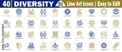Diversity line art icons set. Illustrating concepts of inclusion, equality, and global unity in various social and cultural contexts, vector illustration.