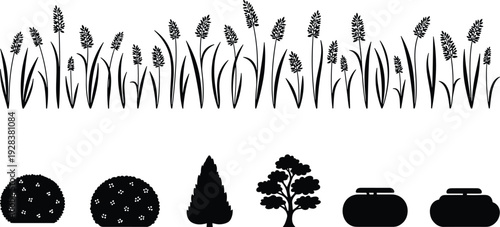 Black vector silhouette collection featuring tall meadow grass, rounded garden shrubs, manicured bushes, evergreen trees, and decorative landscape border on white.