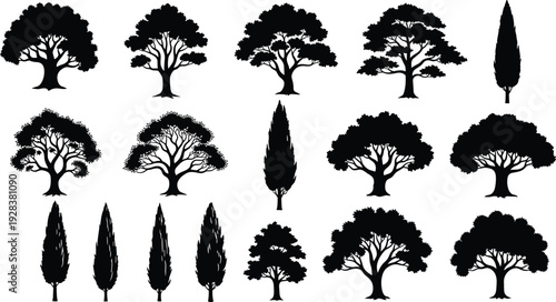 Black vector silhouette collection featuring various deciduous oak trees, tall slender cypress trees, evergreen garden plants, and nature landscape design icons.