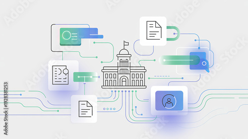 Digital Civic Infrastructure: A sleek, modern illustration depicts the interconnectedness of digital systems within civic institutions. Lines of data flow.