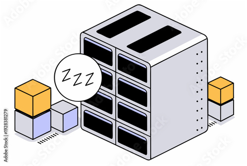 Server rack with Zzz icon, representing artificial intelligence agent in sleep mode. AI agent leaving. Isometric vector illustration for data science design
