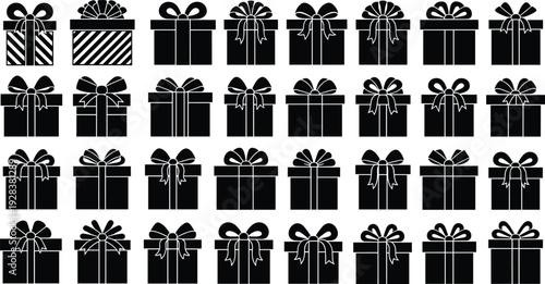 Black vector silhouette collection featuring various gift boxes with decorative bows, striped present icons, and holiday celebration surprise packages on white.