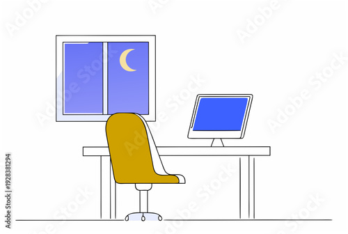 Empty desk with computer monitor and chair in an office room at night. AI agent, leaving shot concept. Minimalist vector illustration for web design.