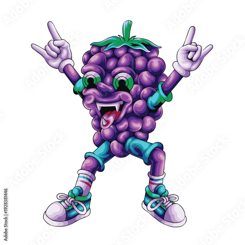 Crazy Rocker Blackberry Monster Vector Design with Rock Sign Hands. Funny Cartoon Blackberry Character in Sneakers Vector Design.